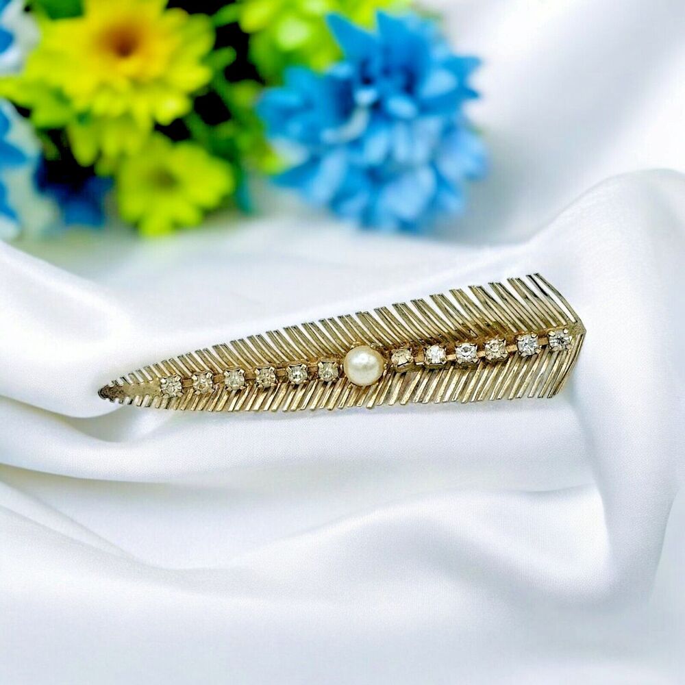 Lady Ellen Hair Clip Vintage Feather Pearl Rhinestone Fern Leaf Accessory